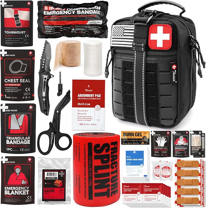Survival First Aid Kit with Israeli Bandage, Chest Seal, Tourniquet, Splint, Tactical Military Combat Molle IFAK for Wound Care, Bleeding Control, Trauma Hemorrhage and More (Black)