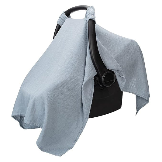 Comfy Cubs Baby Car Seat Cover - Soft, Breathable Bamboo Rayon and Muslin Cotton Blend - Lightweight Canopy for Sun, Bug, and Comfort Protection - Large Size Infant Seat Cover in Pacific Blue Design
