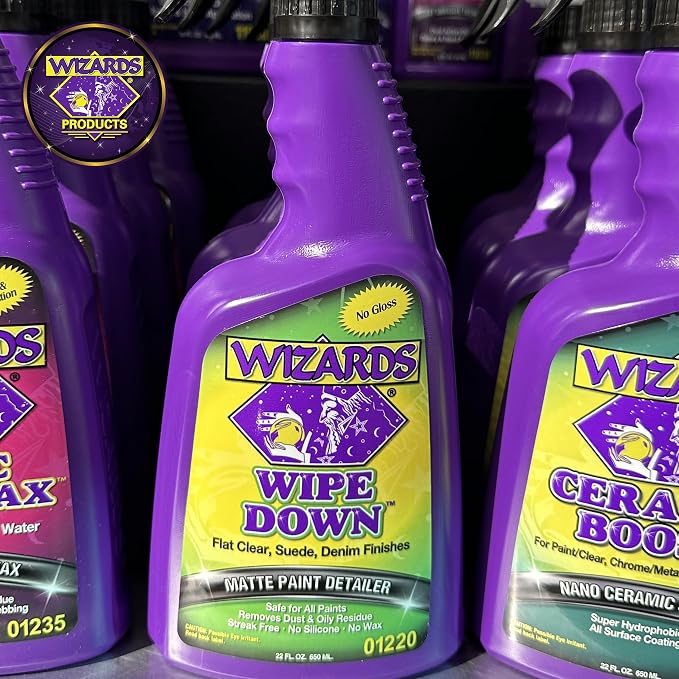 Wizards - Wipe Down Quick Detailer Spray - Matte Finish Cleaning Solution - Effortless On-The-Go Detailing for Flat, Suede, and Denim Surfaces - Professional Auto and Motorcycle Care Essential - 22 Oz