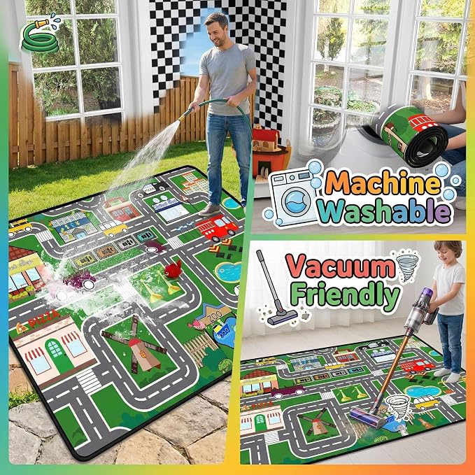 Car Rug 3x5 - Kids Playmat Rug - Educational Town City Map Carpet | Interactive street layout, Low-pile rolling surface, Textured rubber backing, High-density fabric, Machine washable