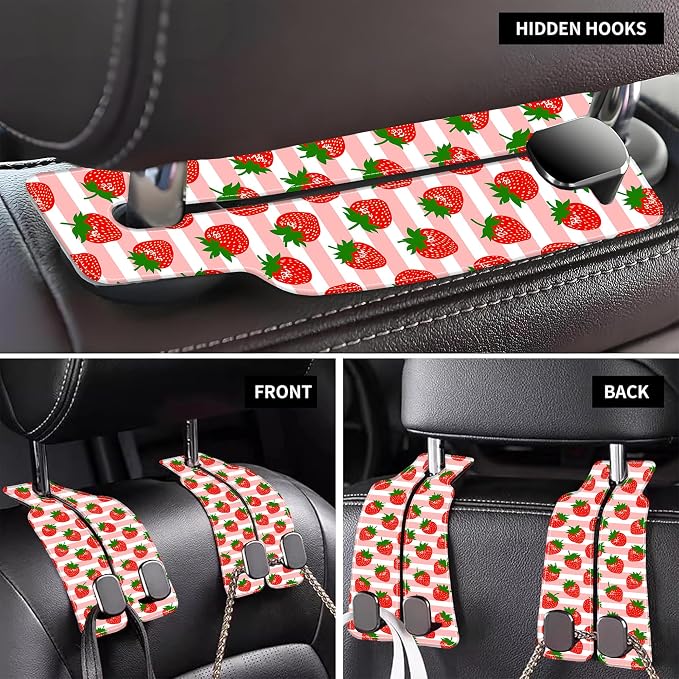 1 Pack Car Seat Headrest Hooks for Purses and Bags Watercolor Pink Strawberry Striped Bag Purse Holder for Car with Double Metal Hooks Car Purse Hanger Hanging Accessories