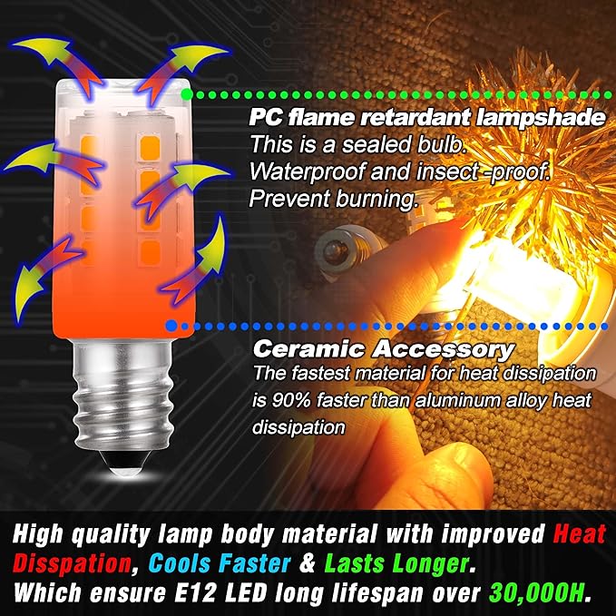 E12 LED Night Light Bulb 25W-40W Replace AC120V 2W 2700K Warm White, 4 Pack | C7 Candelabra Base, 300lm, for Himalayan Salt Lamp Dryer Refrigerators Decoration Christmas Lighting Bulb, Non-dimmable