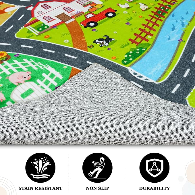 Car Rug Play Mat for Kids Toy Cars, 5' x 7' Town Country Barn Track Road Carpet, Non-Slip Machine Washable Rugs Four Seasons Farm Theme Traffic Mat for Kids Room Bedroom Game Safe Area