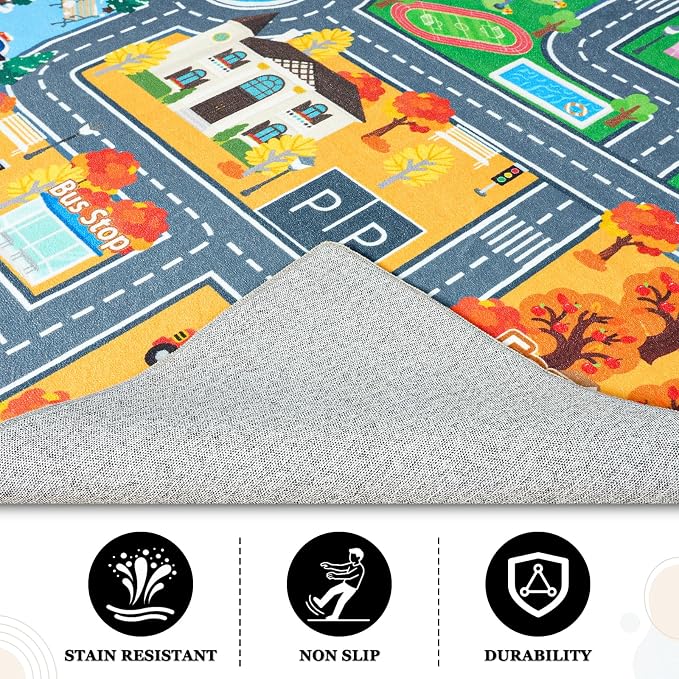 Car Rug Play Mat for Kids Toy Cars, 5' x 7' Town City Track Road Carpet, Non-Slip Machine Washable Town City Track Road Rugs Four Seasons Theme Traffic Mat for Kids Room Bedroom Game Safe Area