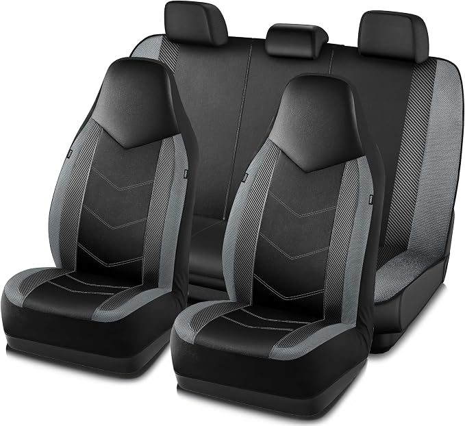 PIC AUTO Leather Car Seat Covers, Sports Carbon Fiber & Mesh Design, High-Back Full Set, Waterproof Automotive Seat Covers, Airbag Compatible, Universal Fit for Cars, SUVs, Trucks (Black & Gray)